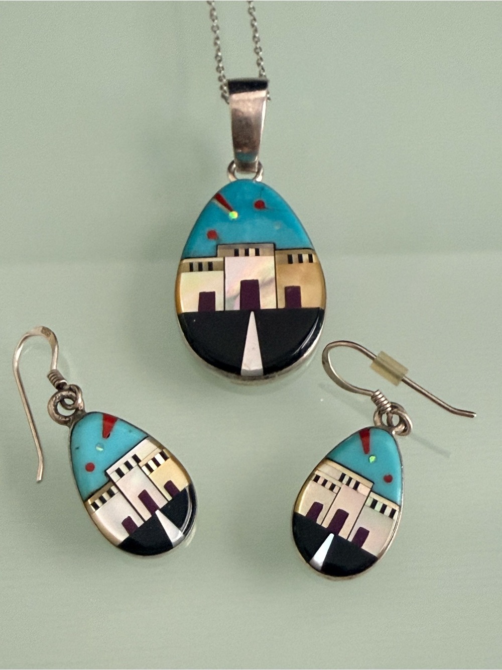 JD Massie Zuni Inlay Pueblo scenery set-Silver